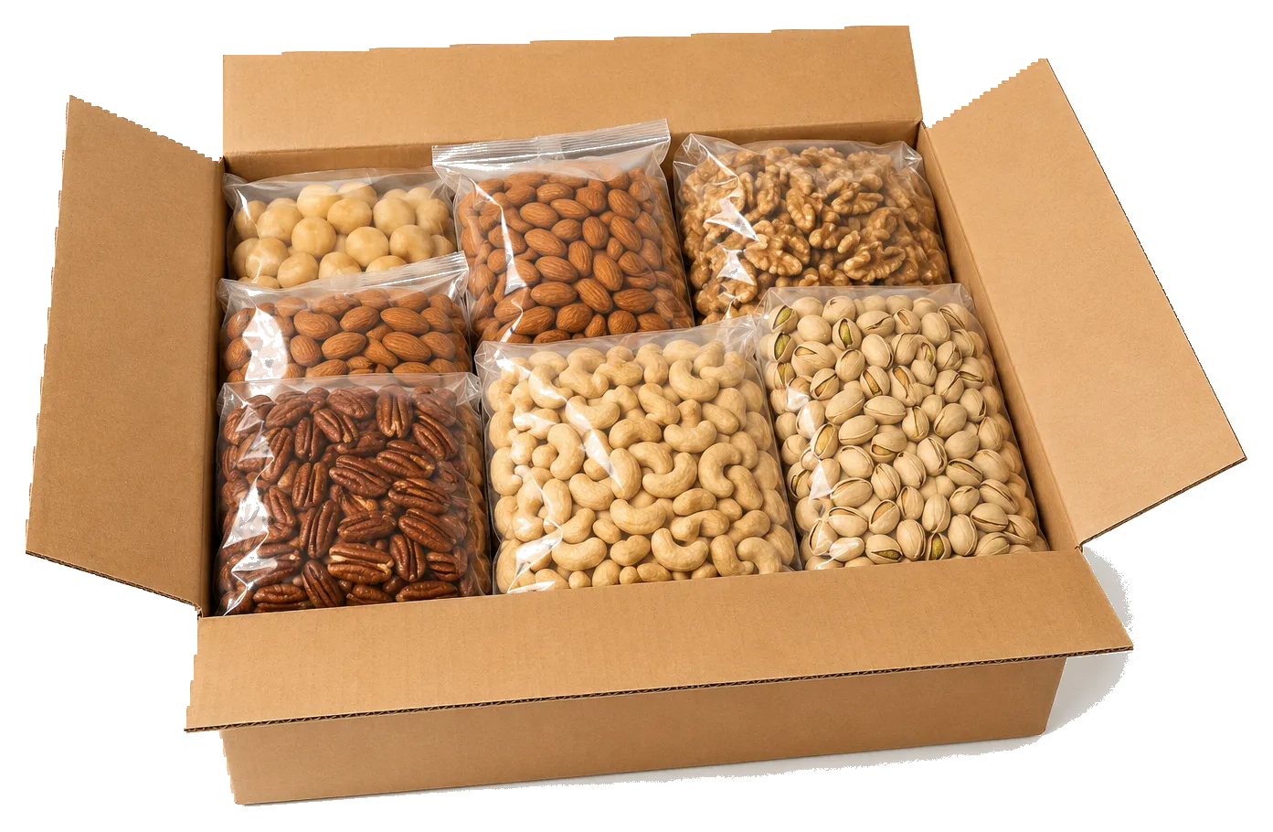Bulk cartons of graded nuts, dates and dried fruit packed for wholesale supply