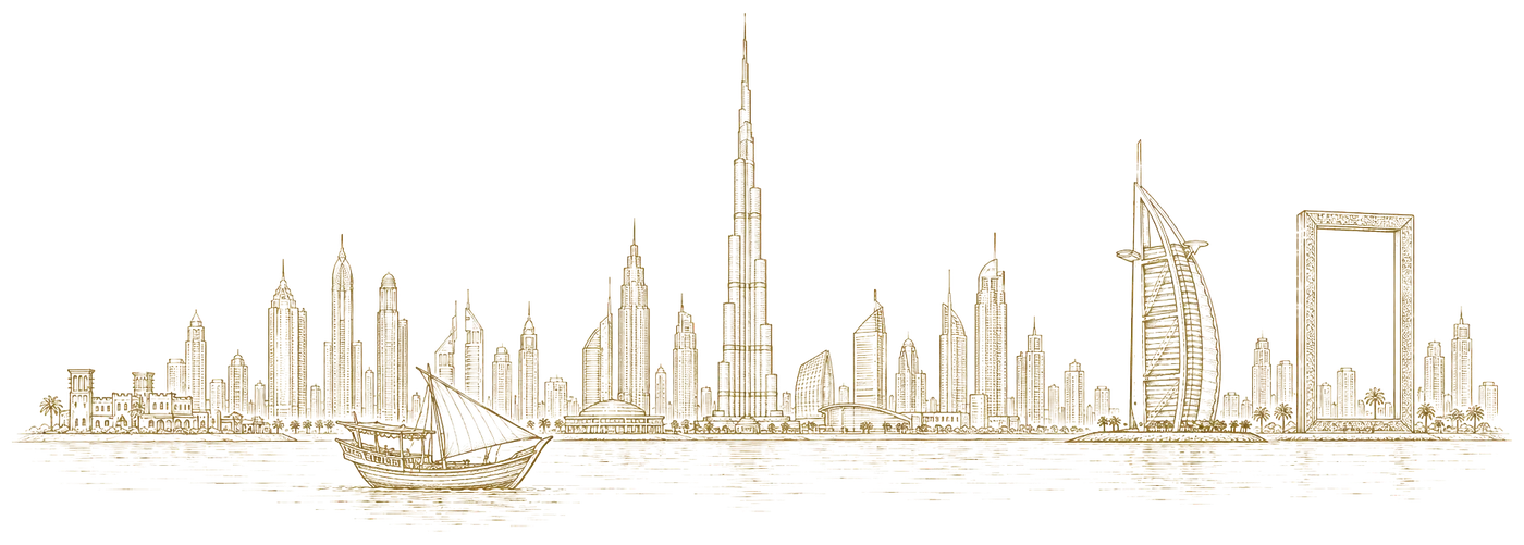 Dubai skyline, engraved illustration