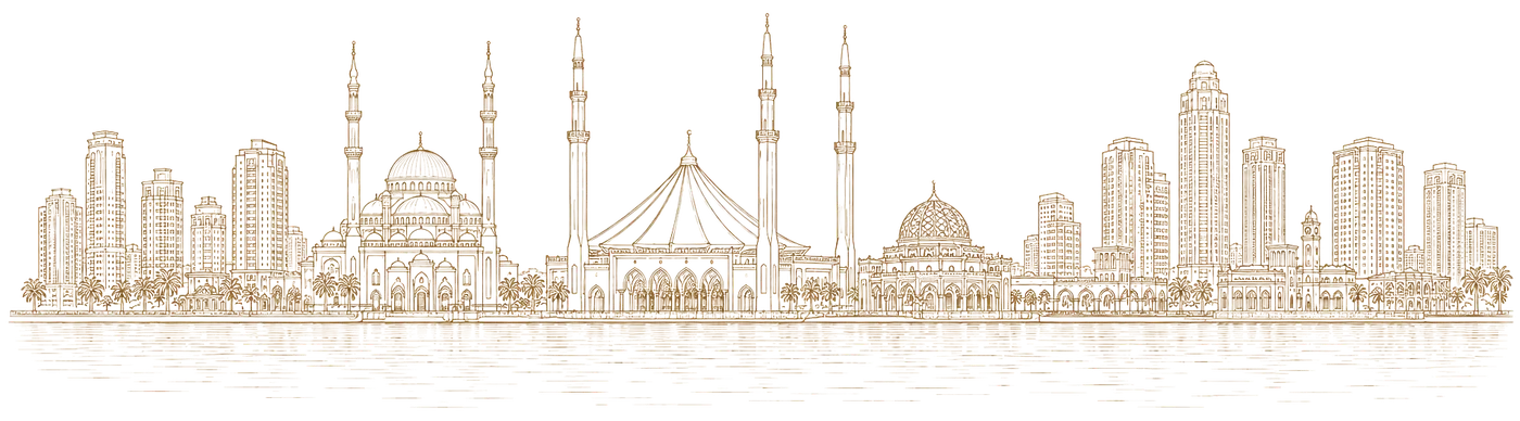 Sharjah skyline, engraved illustration