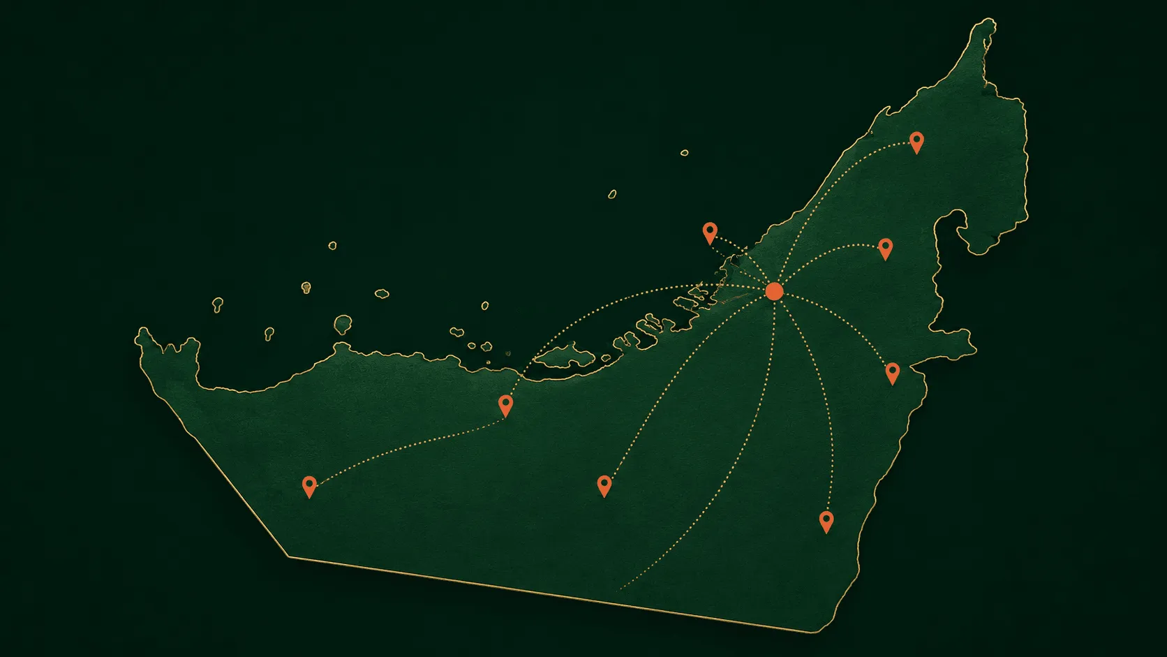 Map of the UAE showing BetterGrow's delivery routes from Dubai Investment Park to all seven emirates